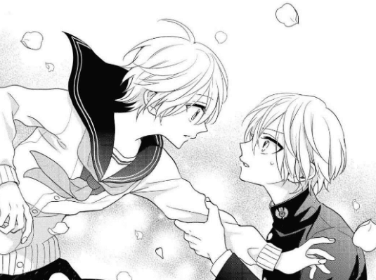Hikaru sits on the ground after falling and pulls Hinako down by the arm to look in her face.