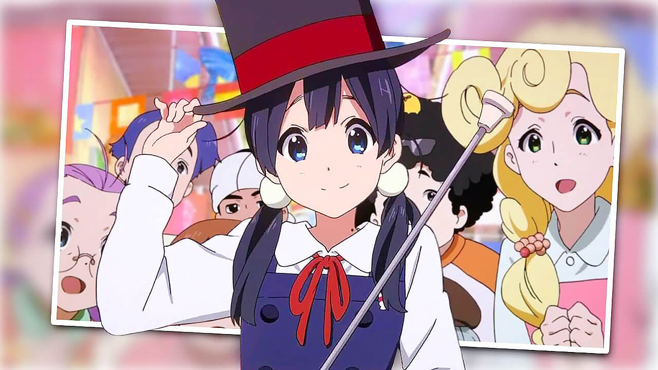 Tamako smiling and tipping her top hat with the rest of the Tamako Market cast in the background.