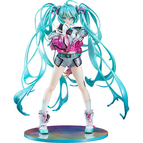Hatsune Miku wearing a futuristic pink and silver outfit (puffy jacket, shorts, with boots) holding a purse clutch.