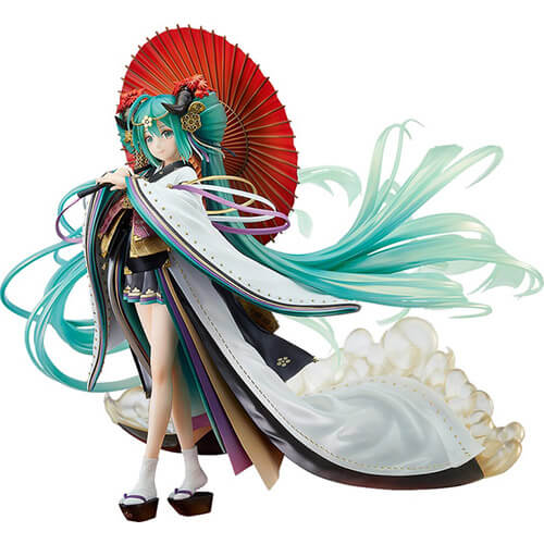 Miku wearing a nontradional Japanese outfit with her hair elaborate twin tails and holding a red umbrella.