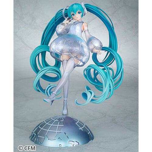 Miku wearing a translucent globe dress standing on top of the top half of a globe.