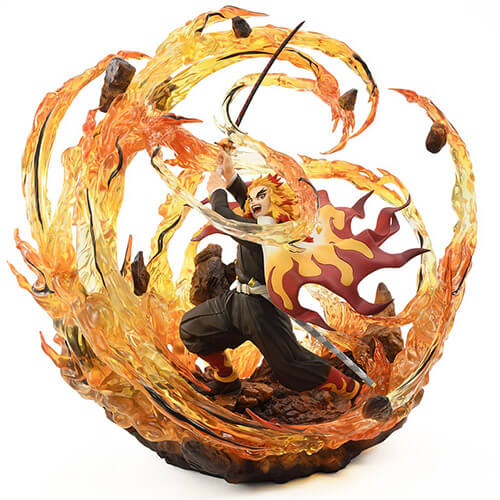 Kyojuro is posed dynamically as he raises his sword into the air to slash down at an approaching enemy with flames surround him.
