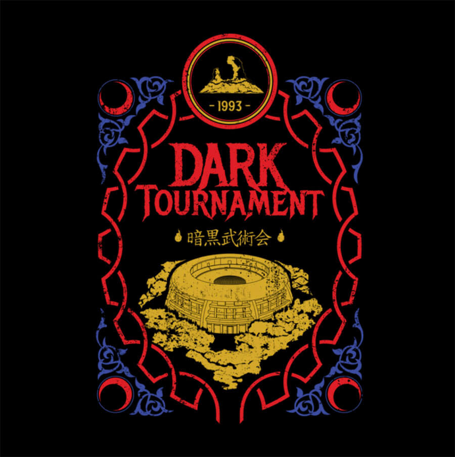 A black background with red & purple accents with Dark Tournment 1993 text in the style of the Dark Crystal official artwork.