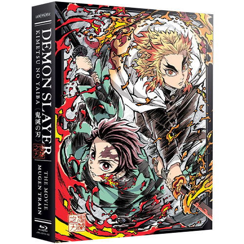 Metal Blu-ray case with Flame Hashira Kyojuro Rengoku and Tanijiro on the cover with flames whipping around them.