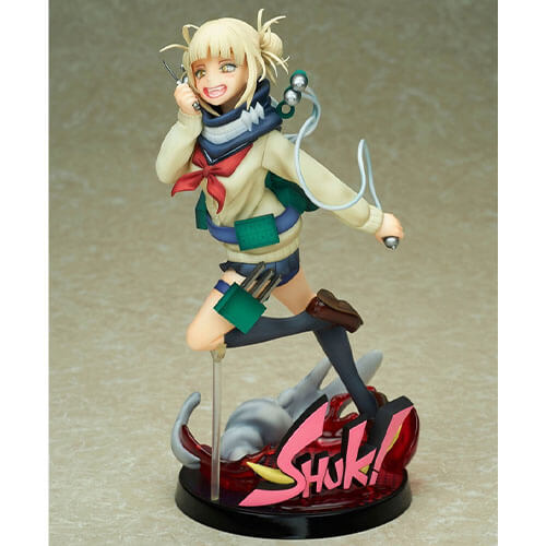 Himiko Toga smiling evilly in a dashing motion with pink text near her feet saying "Shuk!"
