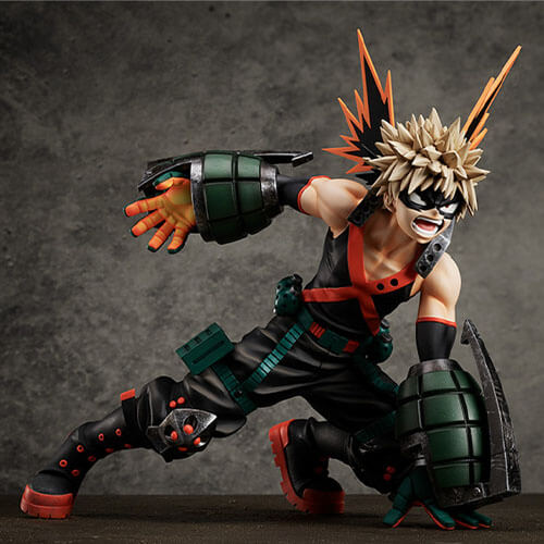 Bakugo wearing his hero uniform about to spring forward and yelling.