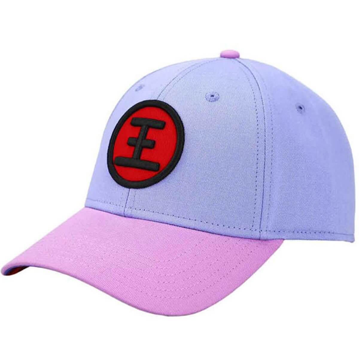 Purple hat with Koenma's symbol on the hat with red and black embroidery.