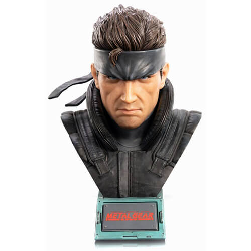 Solid Snake bust statue sitting on a metal stand that has the Metal Gear Solid logo on it.