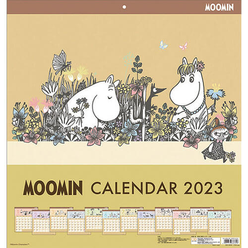 Main characters from Moomin surrounded with several kinds of flowers.