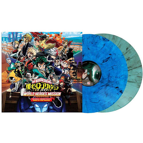 My Hero Academia World Heroes' Mission Vinyl Soundtrack with two vinyls: one blue and the other green.