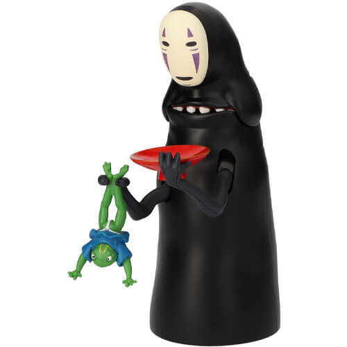 No Face from Spirited Away holding the frog, Aogaeru, and a red plate.