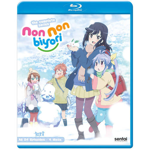 The cast of Non Non Biyori playing in the snow making a snow person and snow bunnies.
