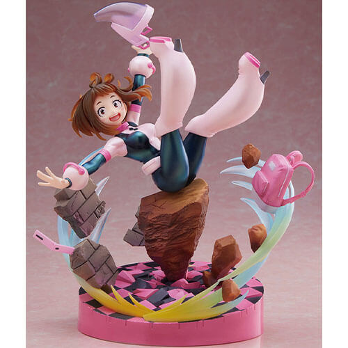 Donning her hero outfit and using her Zero Gravity technique on the very base of the figure, Ochaco lifts into the air with her phone and backpack swirling alongside her.