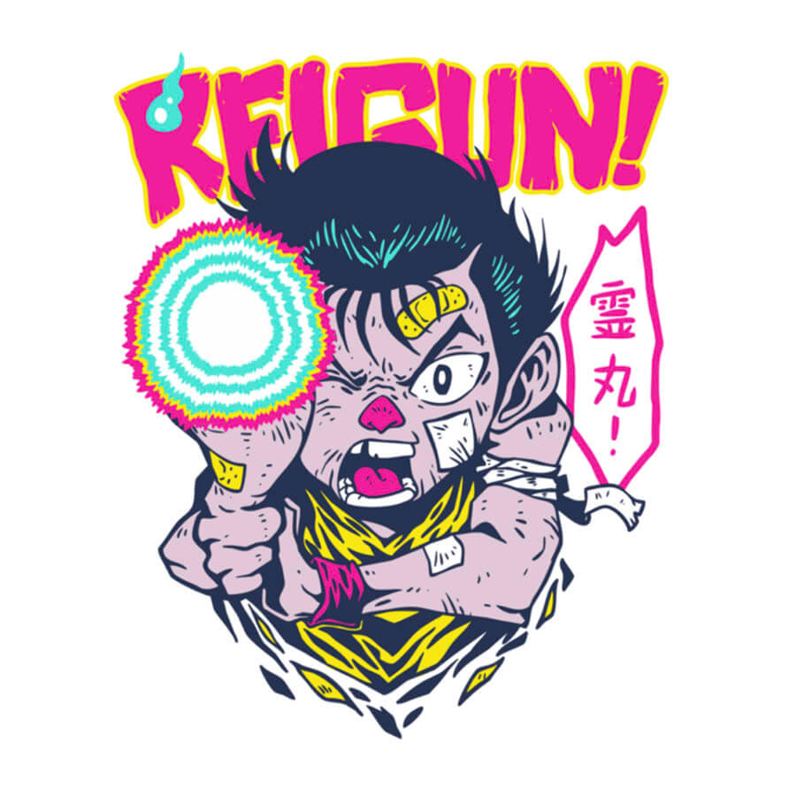 Yusuke all beatened up about to fire his spirit gun with "REIGUN!" text behind him. The art is very vibrant (pink, yellow, blue) and pop style.