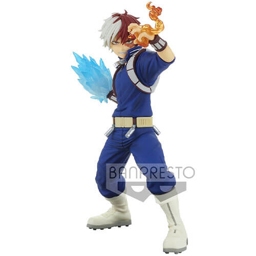 Todoroki in a fighting stance using both of his quirks: fire and ice.