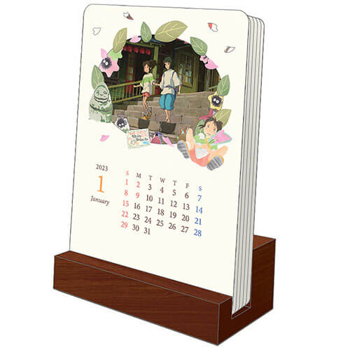 Spirited Away desk calendar with a wooden stand.