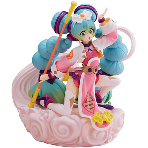 Miku wearing a cute and colorful Chinese outfit riding a pink cloud.