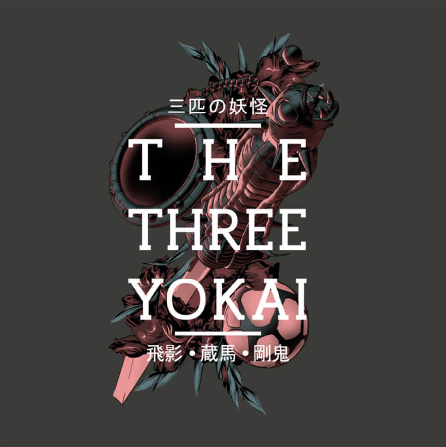 The three Artifacts of Darkness items with text overlayed on top saying "The Three Yokai", along with "Artifacts of Darkness", "Kurama", "Hiei", and "Gouki" in Japanese.