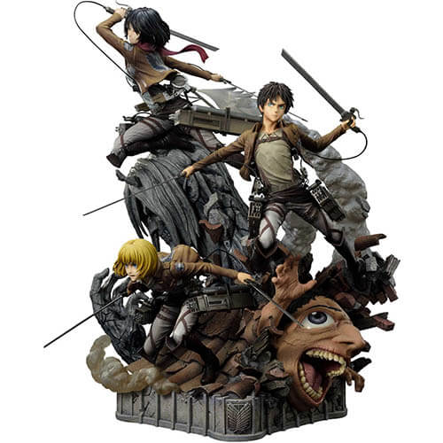 Eren, Mikasa, and Armin stand on the Titan Eren and another titan fighting.