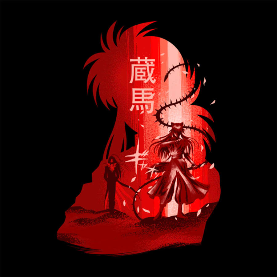 Shuichi's silhouette with his name in Japanese and inside the outlines is him as Yoko Kurama with Karasu in the background.