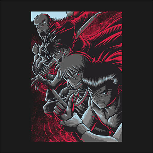 All four Yu Yu Hakusho character lined up to attack with a red color accents.