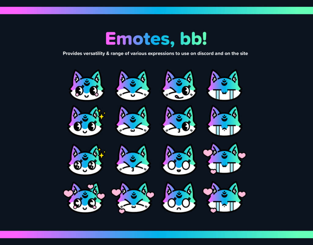  16 different emotes from cutesy to winking to crying with hearts floating around the fox's head!