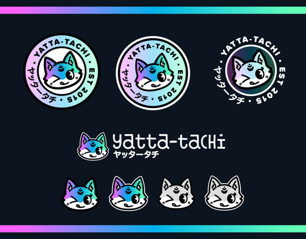 Yatta-Tachi's new logo remixed in several ways: Various badges, version with our name in Japanese, and the fox in different stylizations.