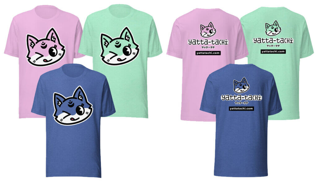 Pink, Blue, and Mint colored shirts with the new Yatta-Tachi branding.