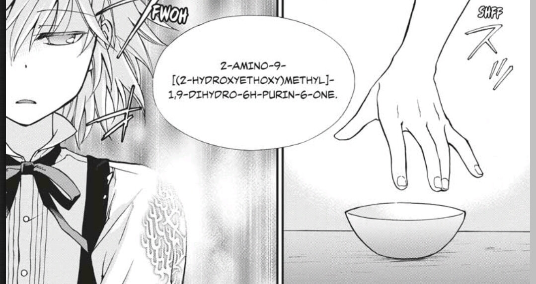 Farma, a blonde-haired boy in Victorian-style clothes, holds his hand over a bowl and recites a complicated chemical formula It reads "2-Amino-9-[(2-Hydroxyethoxy)Methyl]-1,9-Dihydro-6H-Purin-6-One."