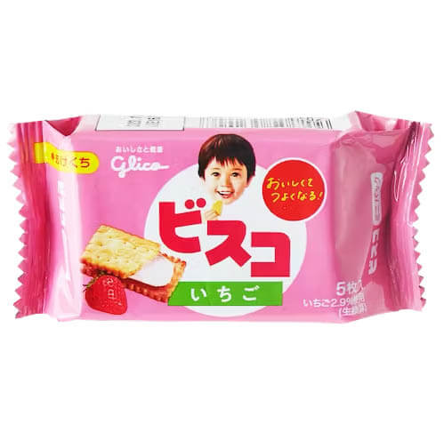 Bisco Mini Strawberry Cream snack. It's a small pink wrapper with a smiling baby's face enjoying one of the cookies.