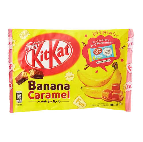 KitKat Banana Caramel bag is bright yellow with images of a banana with caramel cubes.