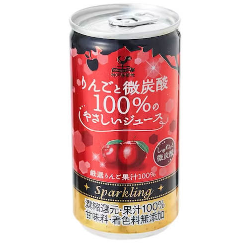 Kobe Sparkling Apple Juice's packaging. It's a small can with bright red & gold colors and two apples on it.