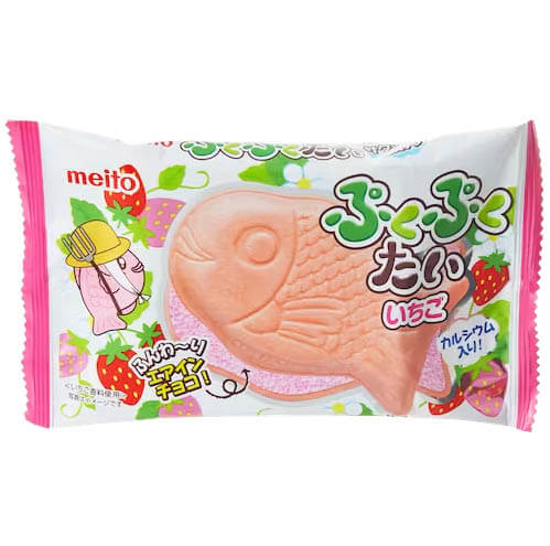 Puku Puku Tai Strawberry's small white packaging with a pink, fish shaped wafer on it.