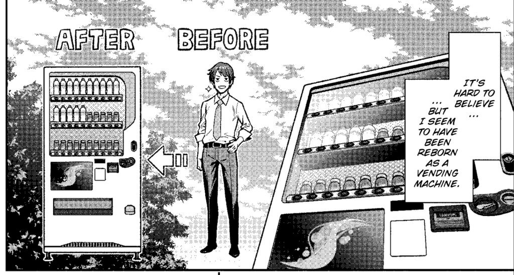 The main character from Reborn as a Vending Machine, I Now Wander the Dungeon explaining how he was a human before becoming a vending machine.