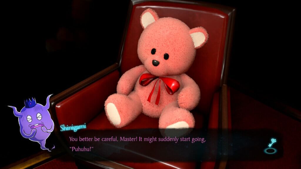 A stuffed bear sitting on a chair. Shinigami makes a Danganronpa reference using it.