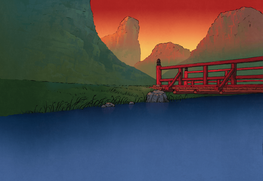 Background image depicting mountains and a red bridge over a river.