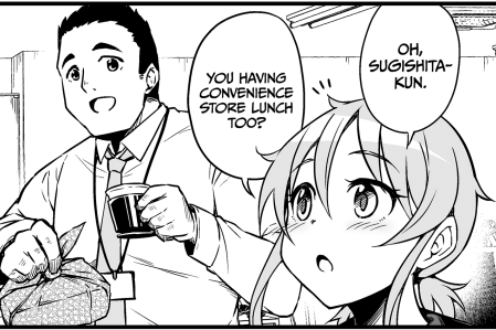 Natsuki asks Hiromichi, who appears to be carrying a homemade bento box, if he's getting lunch from a convenience store.