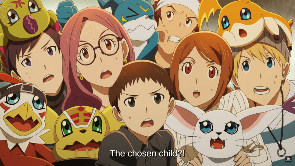 The second generation of Digidestined and their partners grouped together tightly saying, "The chosen child?!" in tandem.