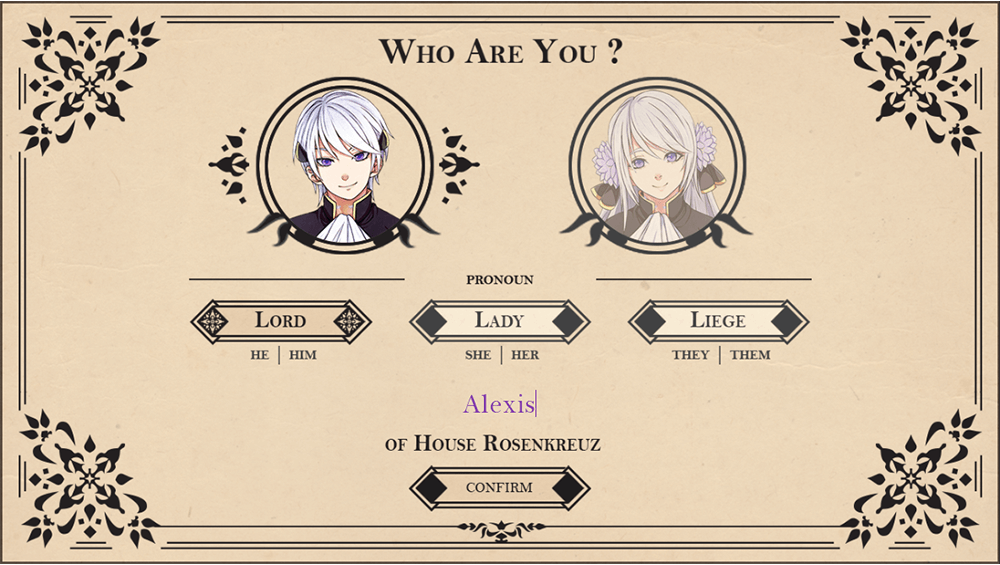 Player selection screen from Royal Alchemist with pronouns, character portraits, and name entry.