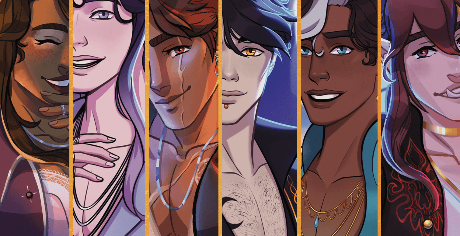 When the Night Comes otome game character portraits featuring multiple POC characters.