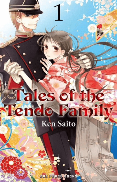Cover image for Tales of the Tendo Family Volume 1. The two main characters, Masato, a tall, blonde-haired boy, and Ran, a short brown-haired girl, cling to each other in a dance-like pose in front of a blue background.