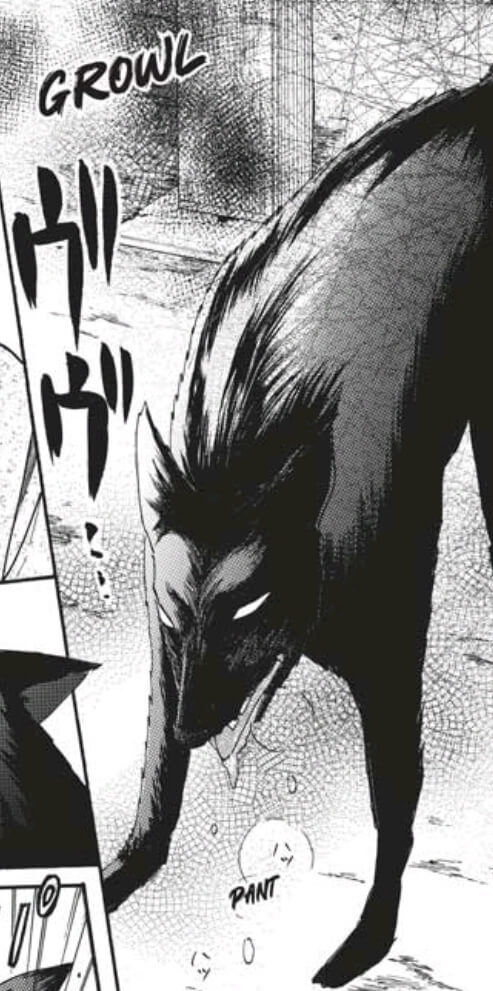 Black and white manga panel featuring an unusually pointy dog growling and drooling.