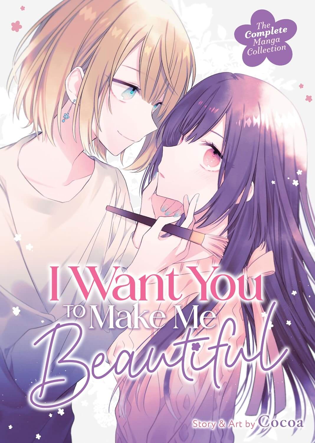 I want you to make me beautiful manga cover. Yuzuki holding a makeup brush and caressing Kanna's cheek.