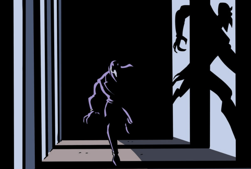 in lavender jack, a man in a purple suit wearing a beaked mask (lavender jack) runs through a corridor. his monstrous black shadow is projected on the wall to his right by light emanating from slats on his left. due to the lighting, his face and the left side of his body cannot be fully seen.