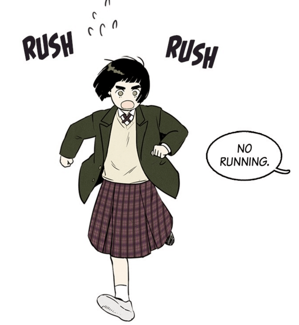 in after school lessons for unripe apples, a teenage girl (mi-ae) with short black hair, bushy eyebrows, and a uniform consisting of a green jacket, yellow vest, checkered purple skirt and white shoes and socks is running forward. sweat emanates from her forehead and the words "rush rush" are behind her. from the right, a speech bubble says "no running."