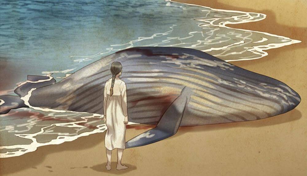 in whale star, a woman wearing a loose white dress stands on a beach, looking at the giant bloody corpse of a whale resting on the sands. the blue ocean washes up over the corpse, submerging the tip of the whale's tail in water.