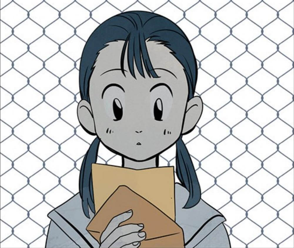 in your letter, a wide-eyed young girl with pig tails in a white school uniform looks at a yellow letter and envelope she is holding in her hands. behind her is a chain link fence.