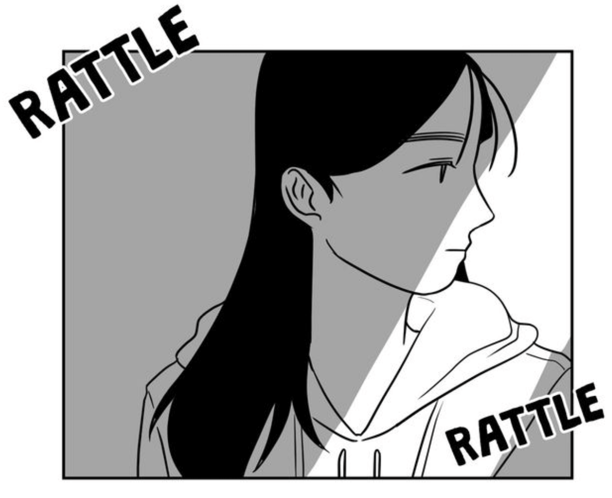 from because i love you, a pensive woman with long black hair and a hoodie looks to the right. her hair is swept behind her left ear. half of the page, on a diagonal vector, is in shadow. the word "rattle" is in the upper left and lower right corners.