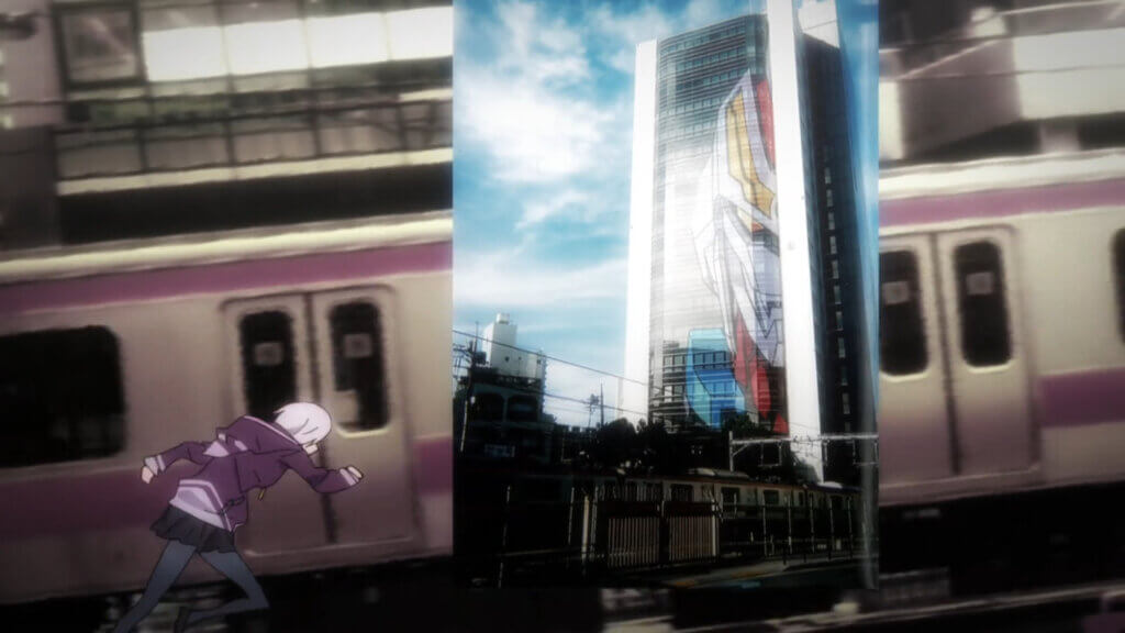 In an episode of ssss.gridman, a high school girl in a purple hoodie, skirt and tights (akane) runs to the right as a purple live-action train rushes by behind her. a large rectangular photograph of a building with gridman's face imposed on it unnaturally appears to her right.