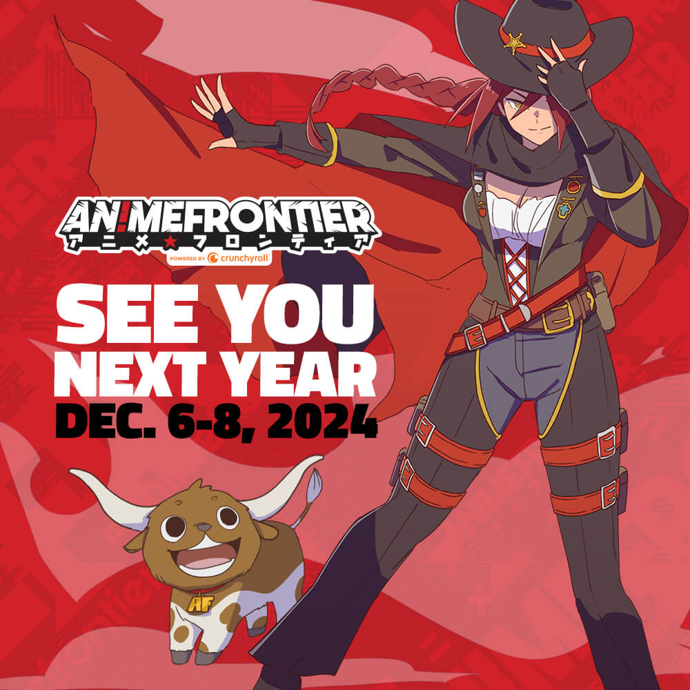 An image taken from Anime Frontier's Instagram with a duo of mascot characters, an anime cowgirl and a chibi cow, with next year's dates: Dec. 6-8